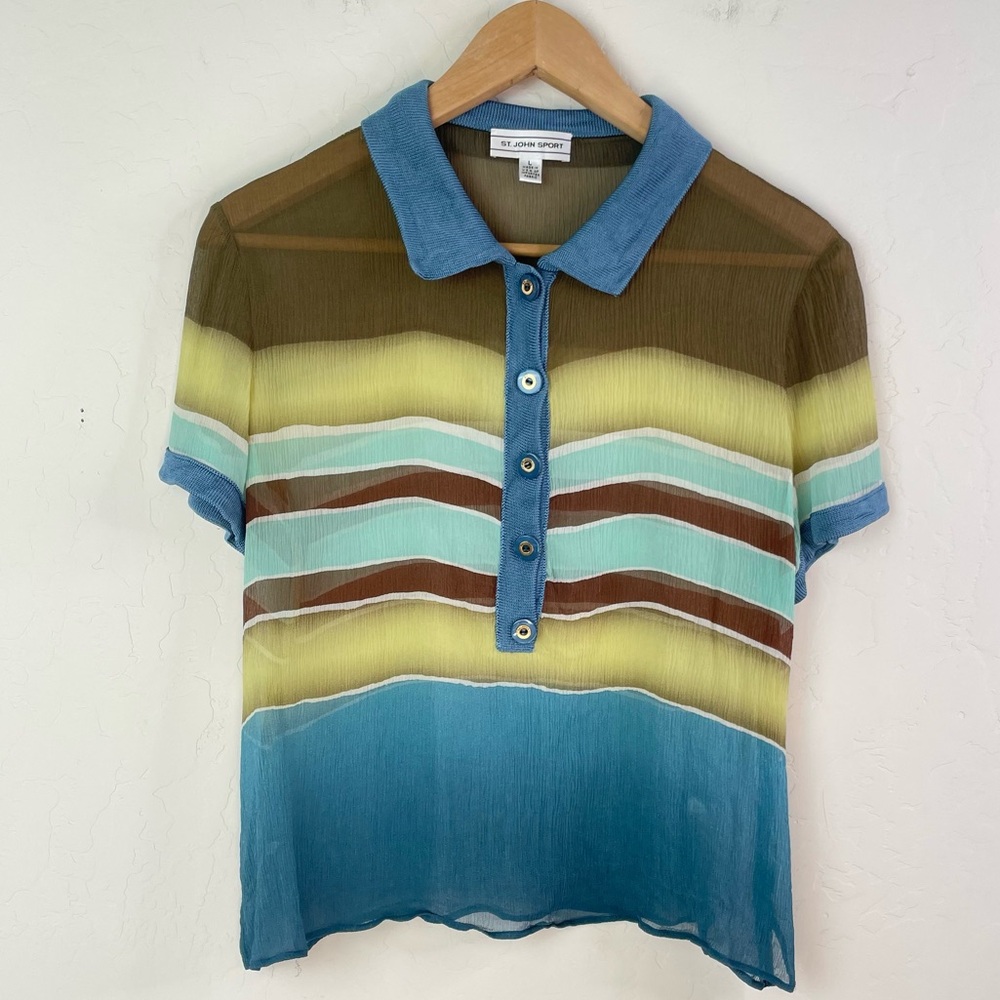 St. John Sport Vintage Women’s Sheer Polo Striped Short Sleeve Top Blouse Large